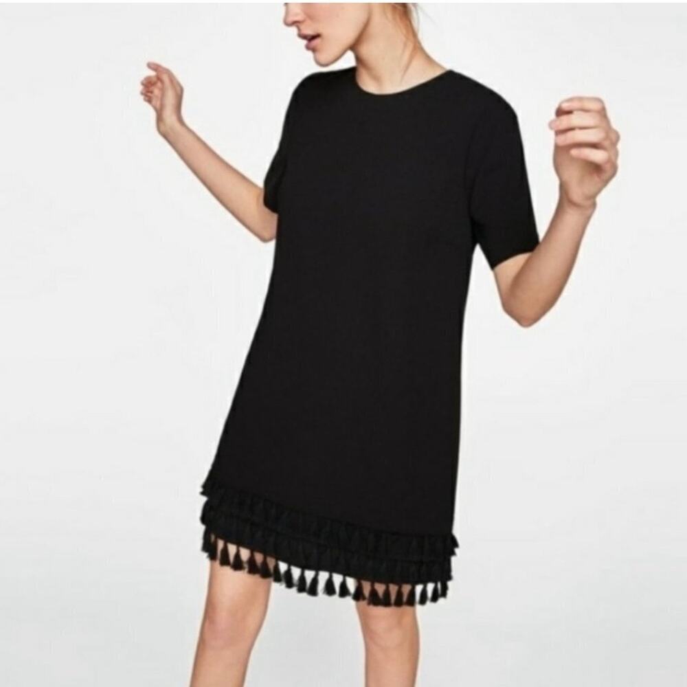 Zara Woman | Black Short Sleeve Shift Dress with Tassels